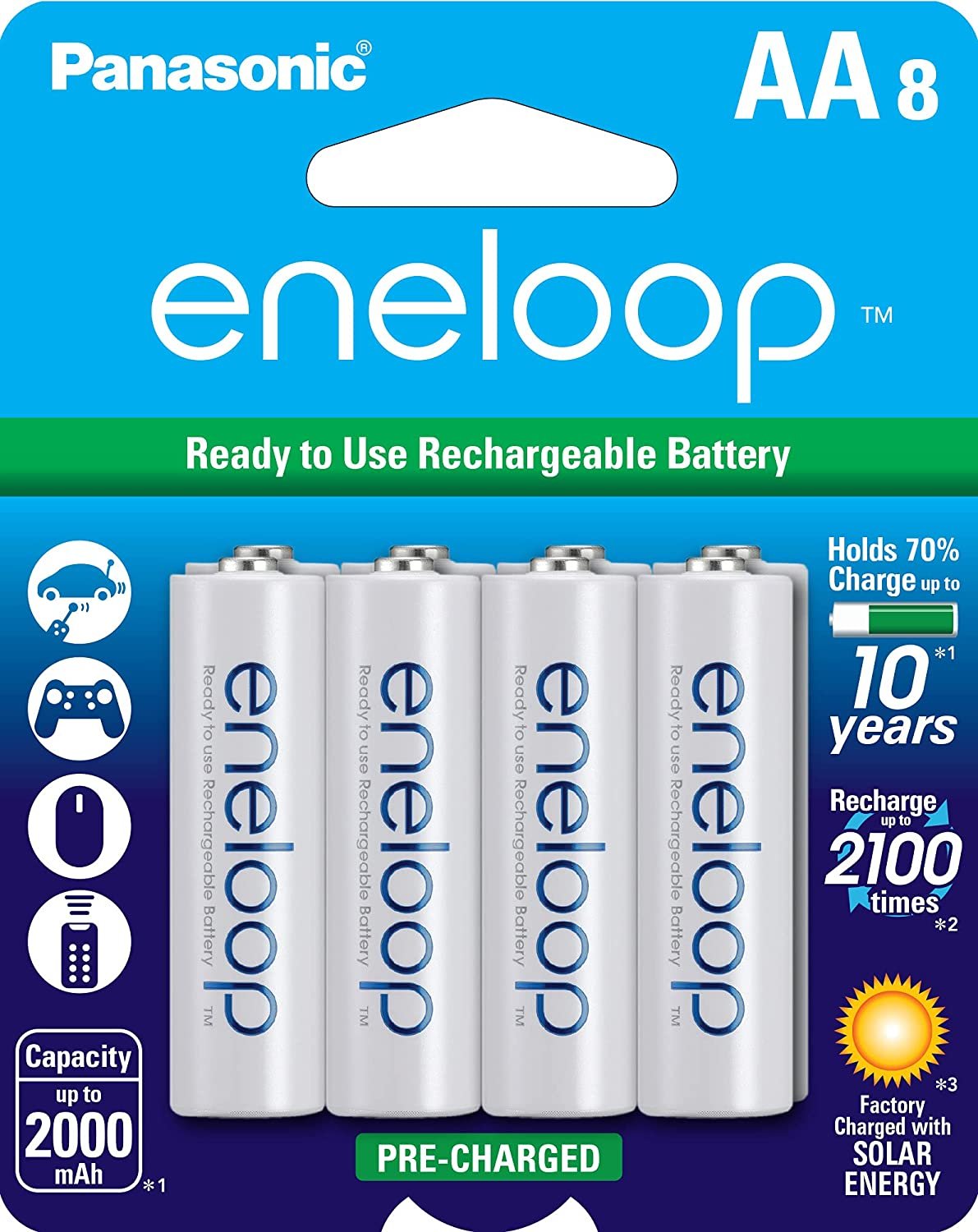 Panasonic eneloop AA Rechargeable Ni-MH Batteries (2000mAh, Pack of 8)