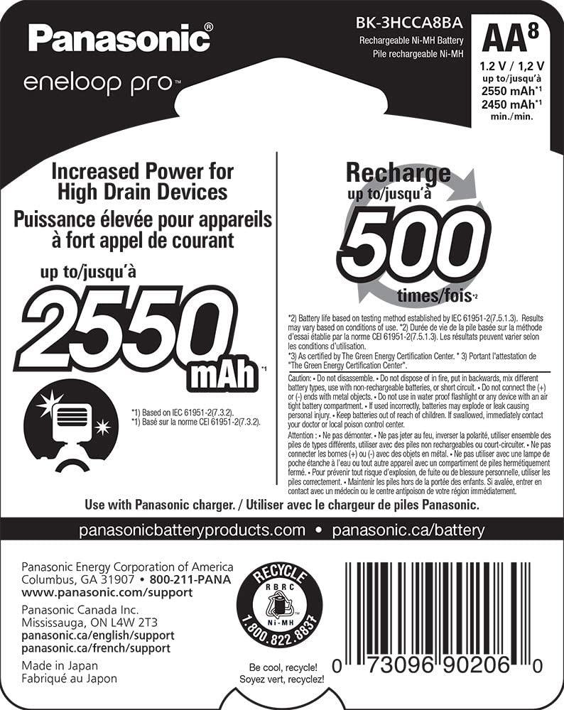 Panasonic eneloop pro AA Rechargeable NiMH Batteries (1.2V, 2550mAh, 8-Pack)