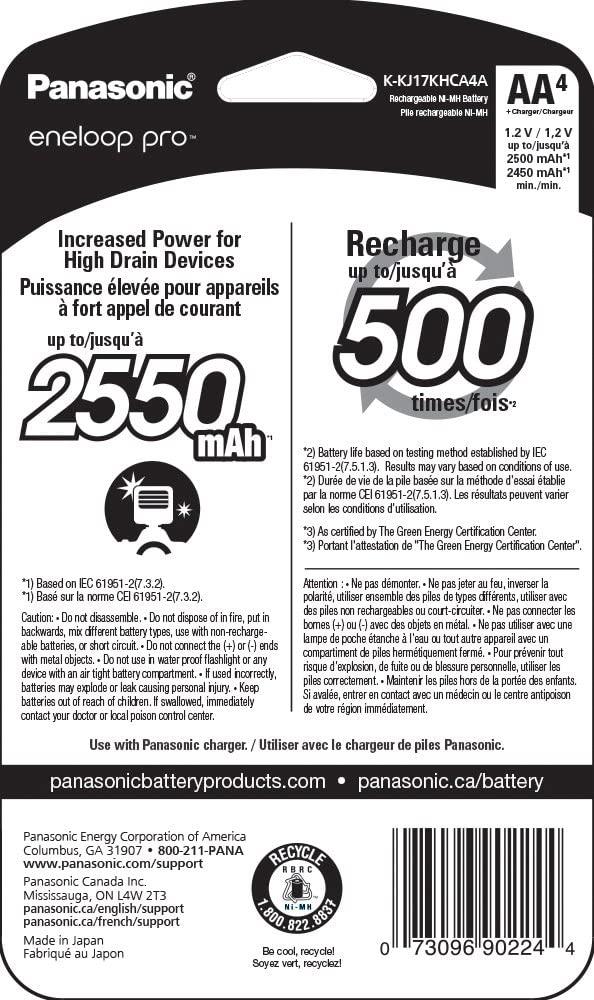 Panasonic eneloop Pro Rechargeable AA Ni-MH Batteries with Charger (2550mAh, 4-Pack)