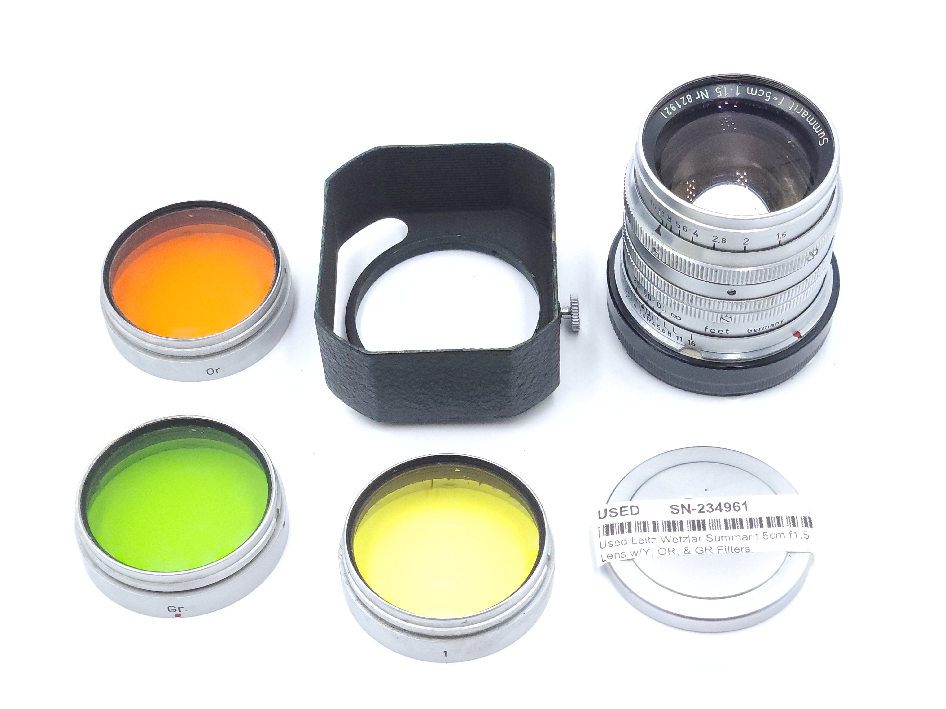 Used Leitz Wetzlar Summarit 5cm (50mm) f1.5 Lens w/Y, OR, & GR Filters