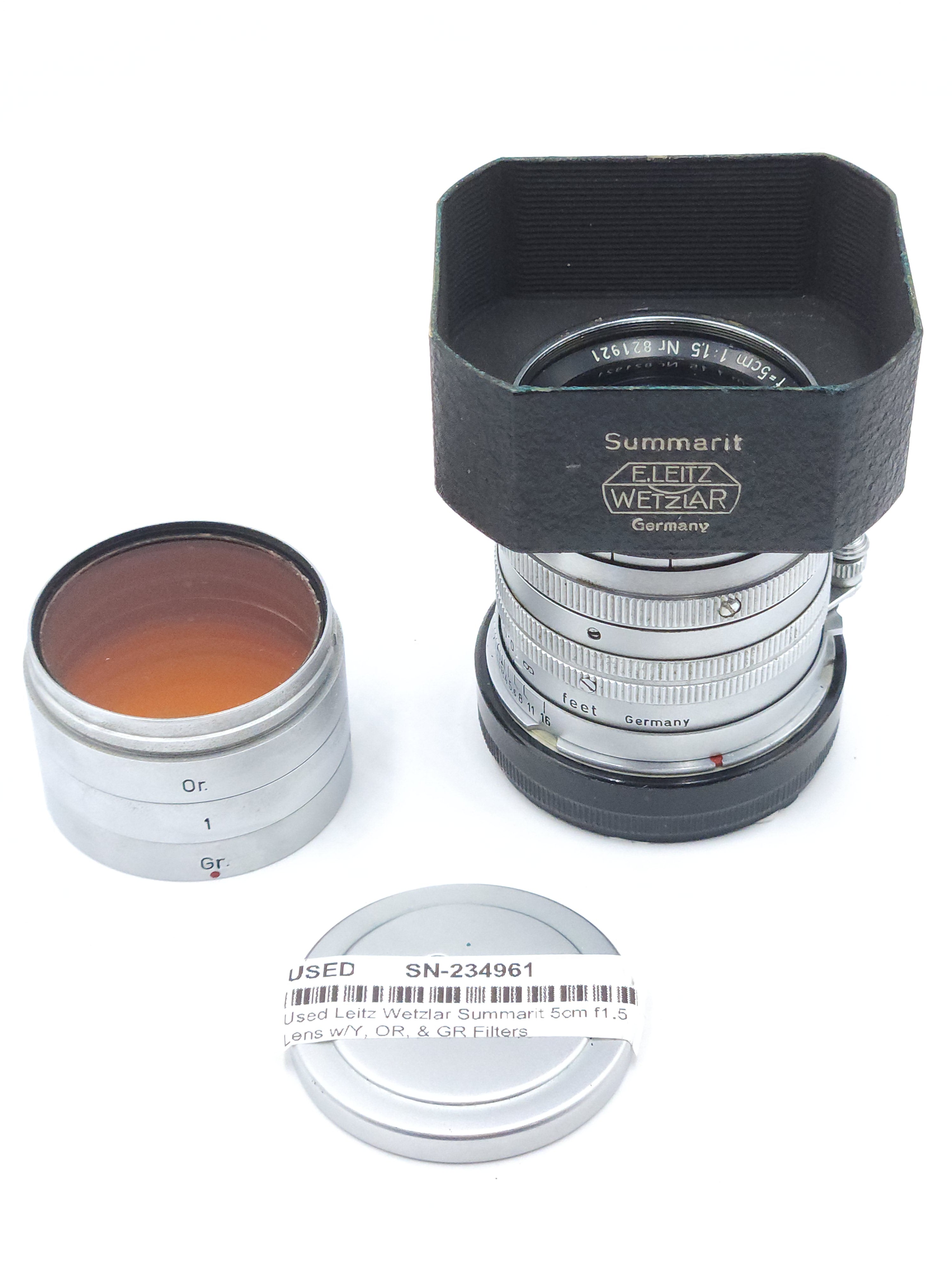 Used Leitz Wetzlar Summarit 5cm (50mm) f1.5 Lens w/Y, OR, & GR Filters